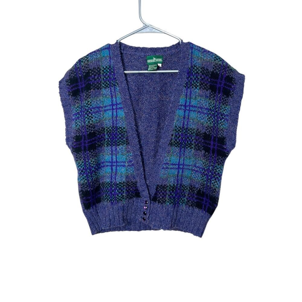 Vintage Boundary Waters Sweater Vest Cardigan Purple/blue Plaid Wool Blend M